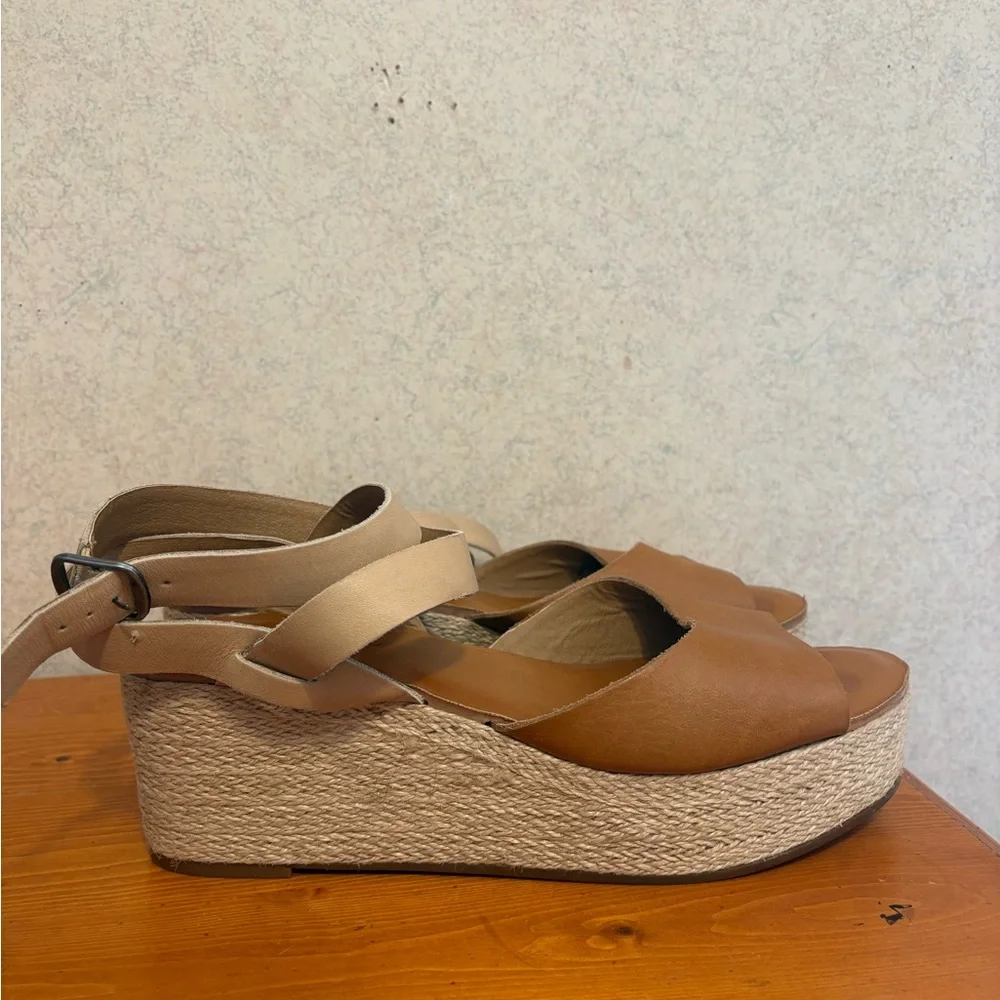 Lucky Brand Ginny Women's Tan Leather Espadrille Platform Sandals heel size 11